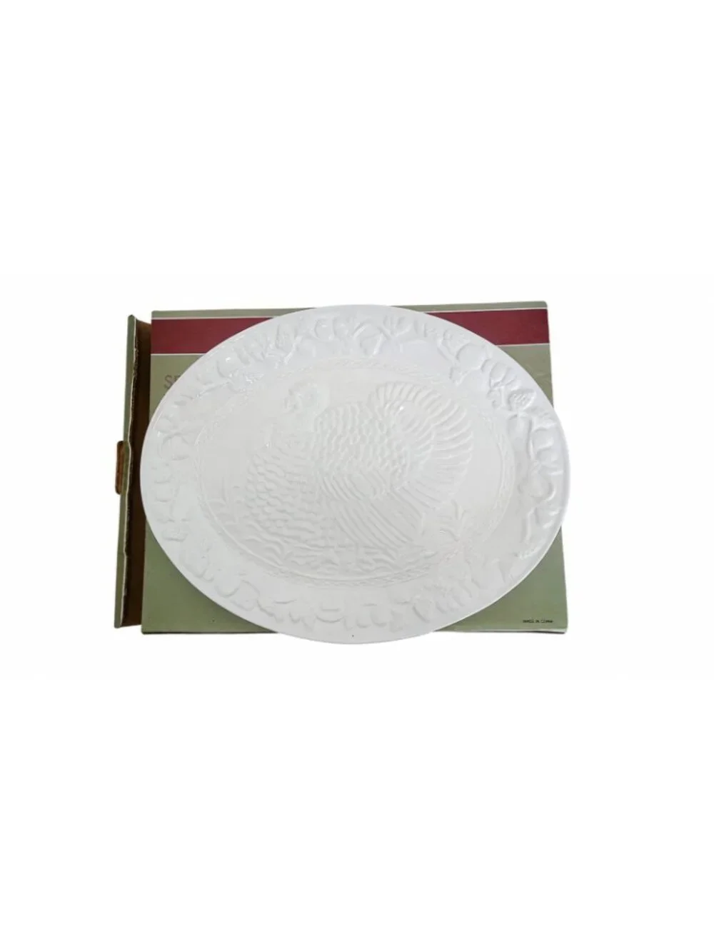 White Embossed Turkey Serving Platter Thanksgiving Harvest Ceramic Large w/ Box